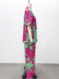 Women Casual Printed Short-Sleeve Shirt and Wide-Leg Trousers Two-Piece Set