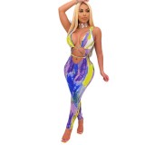 Women Multi-Color Printed V-neck Cross Lace-Up Sexy Jumpsuit