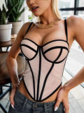 Women Sexy Line Color Block Fishbone Waist-cinching Plunging Camisole Basics Top