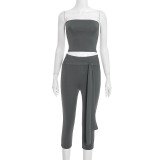 Women Autumn Strapless Crop Top Solid Tie-Up Ribbon Capri Pants Two-Piece Set