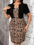 Plus Size Women Casual Top and Printed Dress Two-Piece Set