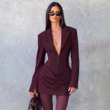 Women Autumn/Winter Solid Turndown Collar Pleated Bodycon Dress