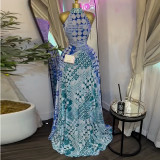 Women Spring Printed High Neck Sleeveless Maxi Dress