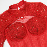 Women Round Neck Sequin Long-sleeved Bodycon Dress