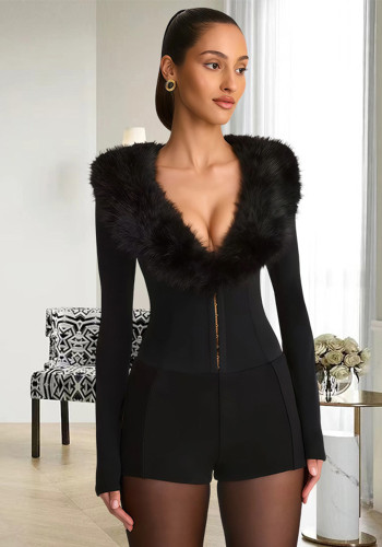 Women Sexy Pu-Leather Long-Sleeved Jumpsuit