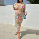 Women Elegant Print Elegant V-Neck Lantern Short-Sleeve Maxi Dress