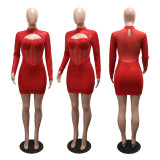 Women Round Neck Sequin Long-sleeved Bodycon Dress