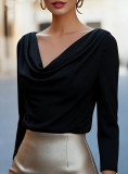 Women Autumn/Winter Solid Pleated V-Neck Top Shirt