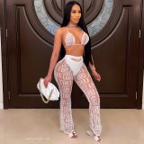 Women See-Through Letter Printed Slip-on See-Through Sexy Bikini Top Two-Piece Set