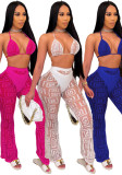 Women See-Through Letter Printed Slip-on See-Through Sexy Bikini Top Two-Piece Set