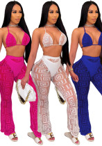 Women See-Through Letter Printed Slip-on See-Through Sexy Bikini Top Two-Piece Set