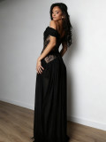 Women Black Off-Shoulder Lace Hollow-Out Slit Formal Party Maxi Dress