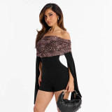 Women Autumn Leopard Print Gathered Off-Shoulder Patchwork Bell Bottom Sleeve Jumpsuit