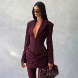 Women Autumn/Winter Solid Turndown Collar Pleated Bodycon Dress