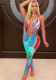 Women Multi-Color Printed V-neck Cross Lace-Up Sexy Jumpsuit