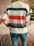 Women Striped Color Block Patchwork Knitting Round Neck Sweater