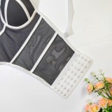 Women Sexy Line Color Block Fishbone Waist-cinching Plunging Camisole Basics Top