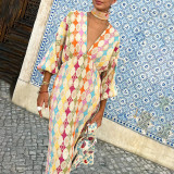 Women Elegant Print Elegant V-Neck Lantern Short-Sleeve Maxi Dress