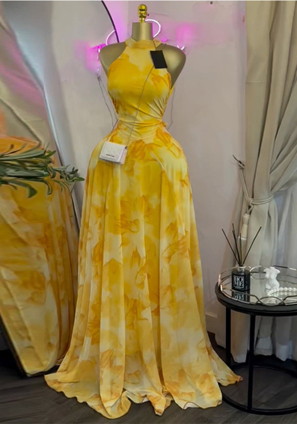 Women Spring Printed High Neck Sleeveless Maxi Dress