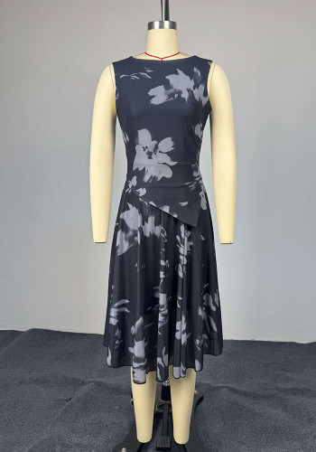 Women Spring Print Off-Shoulder Sleeveless Shirt and Skirt Two-Piece Set