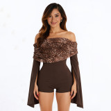 Women Autumn Leopard Print Gathered Off-Shoulder Patchwork Bell Bottom Sleeve Jumpsuit