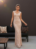 Women Solid V-Neck Lace Camisole Fishtail Maxi Dress