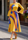 Women Spring Summer Elegant Printed Round Neck Dress