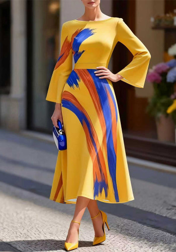 Women Spring Summer Elegant Printed Round Neck Dress