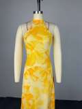 Women Spring Printed High Neck Sleeveless Maxi Dress