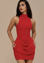 Women Winter Solid Round Neck Sexy Sleeveless Mini Dress