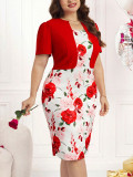 Plus Size Women Casual Top and Printed Dress Two-Piece Set