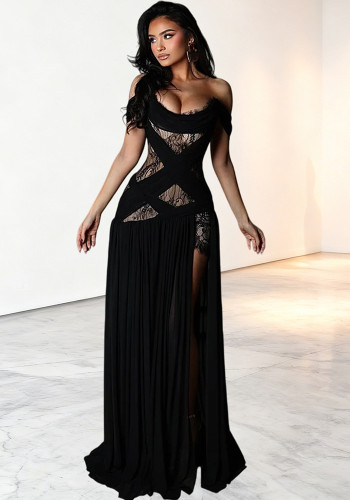 Women Black Off-Shoulder Lace Hollow-Out Slit Formal Party Maxi Dress