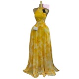 Women Spring Printed High Neck Sleeveless Maxi Dress