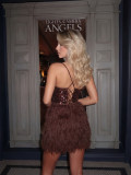 Women Brown Sequined Feather Camisole Backless Lace-Up Dress