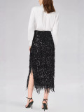Women Tassel Sequined Slashed Skirt