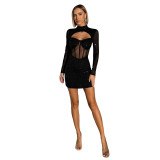 Women Round Neck Sequin Long-sleeved Bodycon Dress