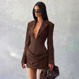 Women Autumn/Winter Solid Turndown Collar Pleated Bodycon Dress