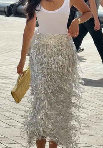 Women Tassel Sequined Slashed Skirt