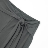 Women Autumn Strapless Crop Top Solid Tie-Up Ribbon Capri Pants Two-Piece Set