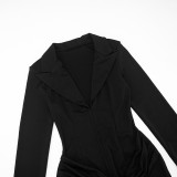 Women Autumn/Winter Solid Turndown Collar Pleated Bodycon Dress
