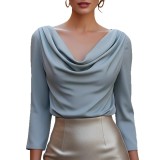 Women Autumn/Winter Solid Pleated V-Neck Top Shirt