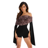 Women Autumn Leopard Print Gathered Off-Shoulder Patchwork Bell Bottom Sleeve Jumpsuit