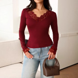 Women Spring Solid V-Neck Lace Patchwork Top
