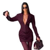Women Autumn/Winter Solid Turndown Collar Pleated Bodycon Dress