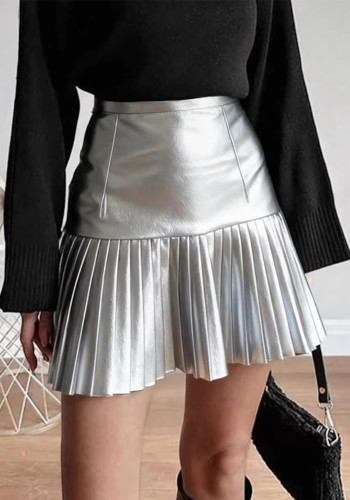 Women Pu-Leather Pleated Skirt