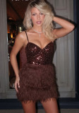 Women Brown Sequined Feather Camisole Backless Lace-Up Dress