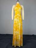 Women Spring Printed High Neck Sleeveless Maxi Dress