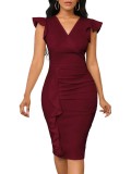Women Sexy Solid V-Neck Ruffle Dress