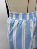Women Casual Color Block Striped Long-Sleeved Turndown Collar Shirt and Shorts Two-Piece Set