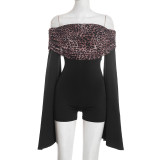 Women Autumn Leopard Print Gathered Off-Shoulder Patchwork Bell Bottom Sleeve Jumpsuit